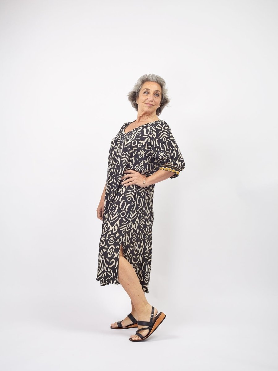 Vestito midi seta manica corta Zahra - nero - Bijondo