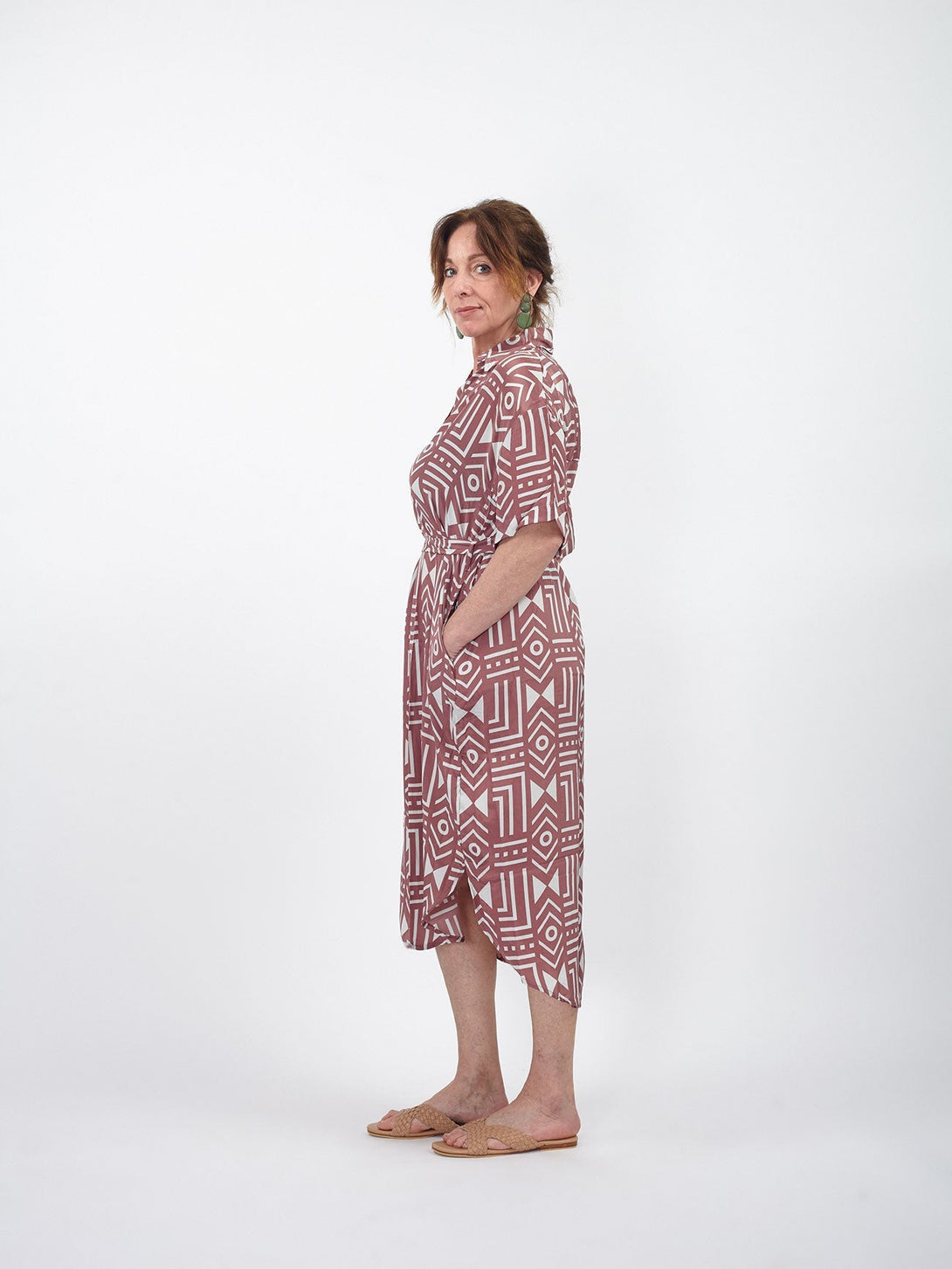 Vestito midi stile chemisier fantasia boho Eleanor-malva-Bijondo