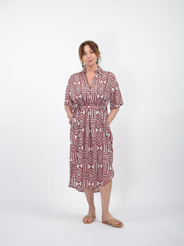 Vestito midi stile chemisier fantasia boho Eleanor-malva-Bijondo