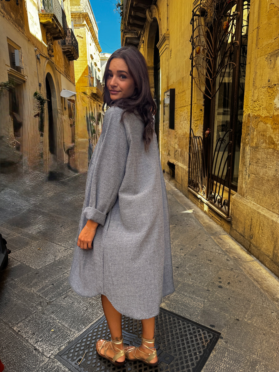 Vestito midi tinta unita in tessuto melange Saoirse-vestito-Bijondo-Bijondo