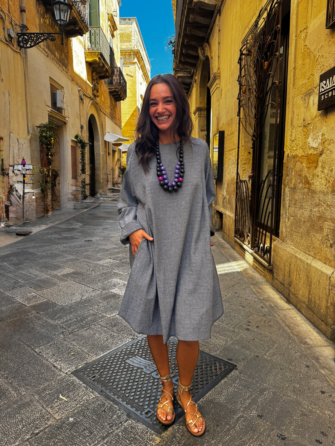 Vestito midi tinta unita in tessuto melange Saoirse-vestito-Bijondo-Bijondo