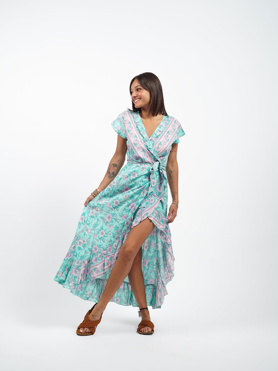 Vestito midi wrap rayon con rouches Melissa-acquamarina-S-M-Bijondo