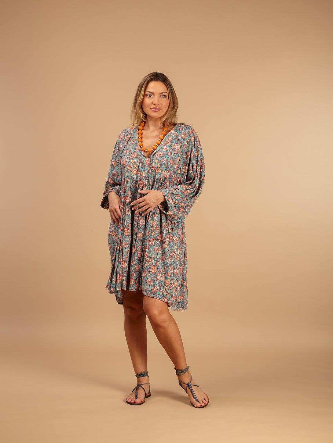 Vestito mini babydoll rayon Klea-vestito-Bijondo-Ciano-S-M-Bijondo