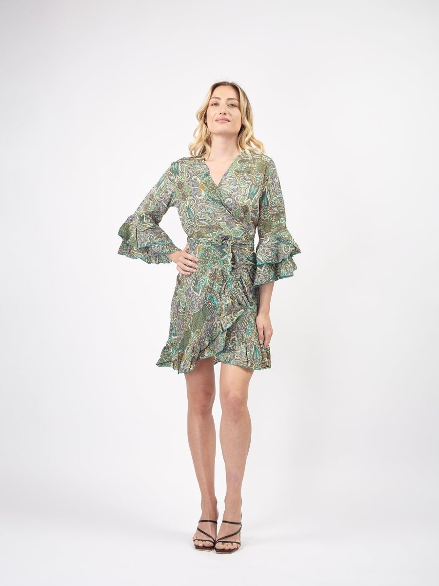 Vestito mini in seta wrap con rouches Maribel - verde - Bijondo