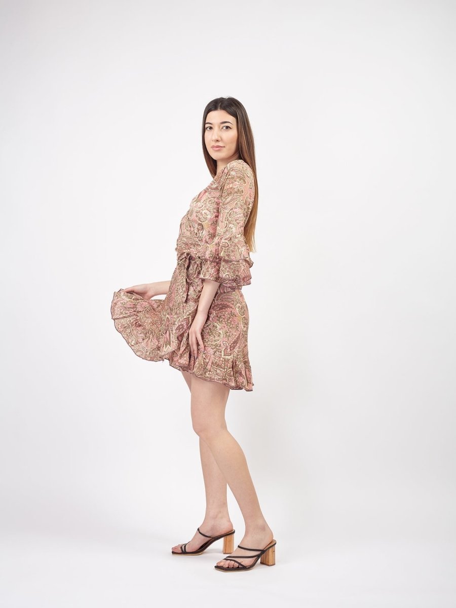 Vestito mini in seta wrap con rouches Maribel - rosa - Bijondo