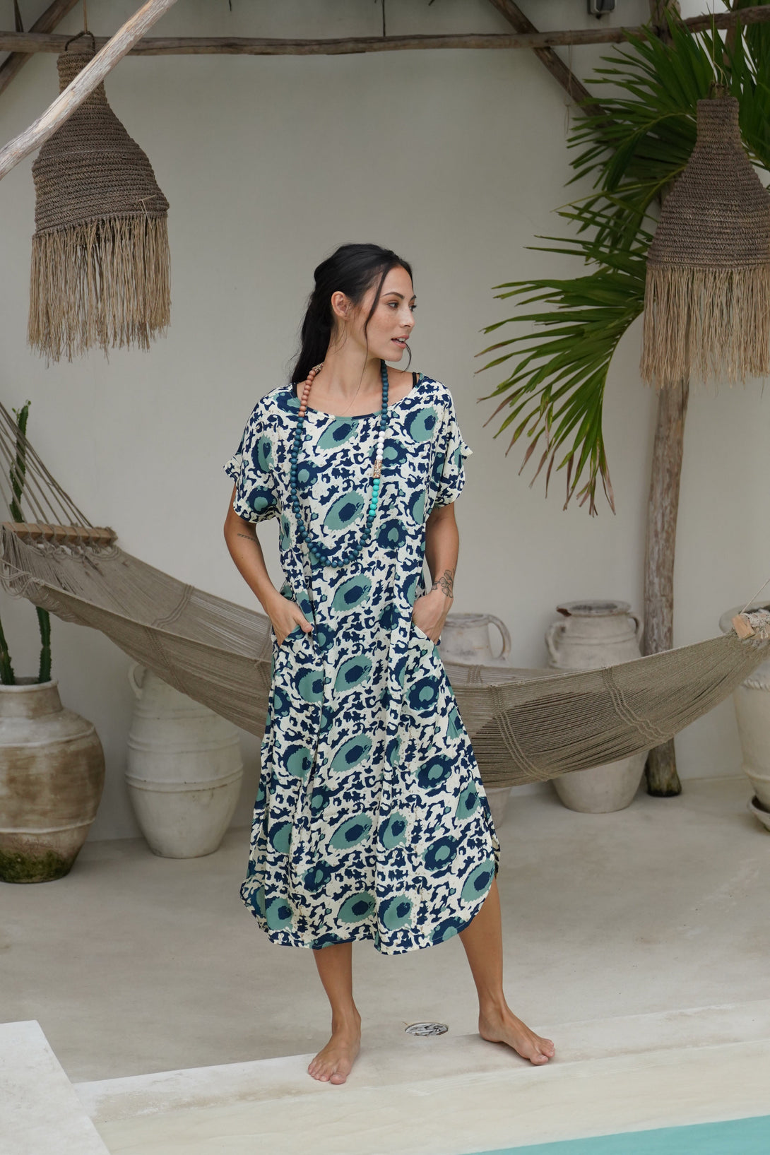 Vestito over midi seta manica Penny-blu-Bijondo