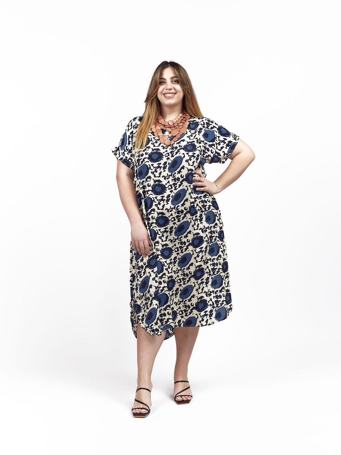 Vestito over midi seta manica Penny - blu - Bijondo