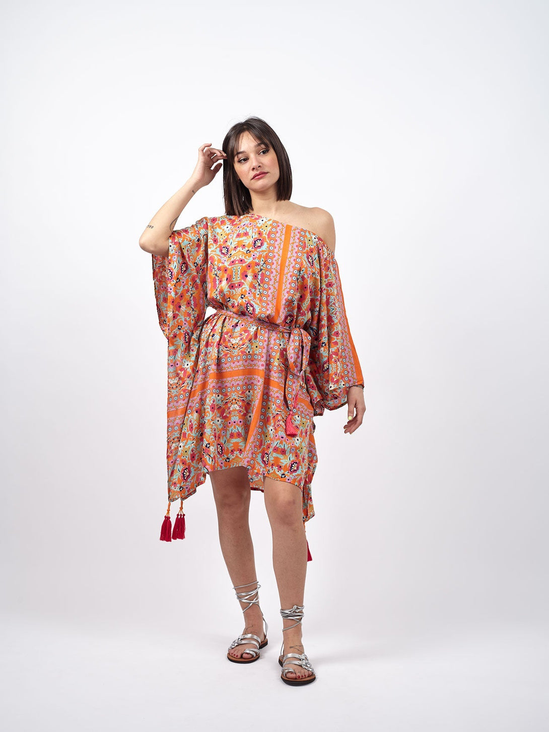Vestito poncho boho rayon Rosie-arancione-Bijondo