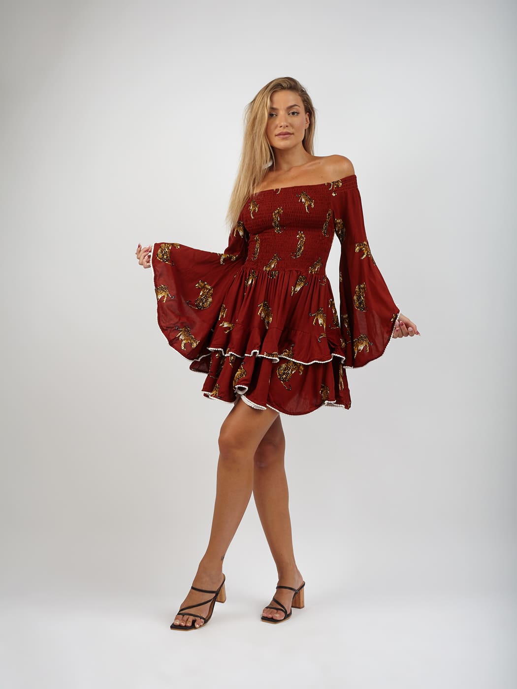 Vestito rayon corto con balze Monique - ruggine - Bijondo