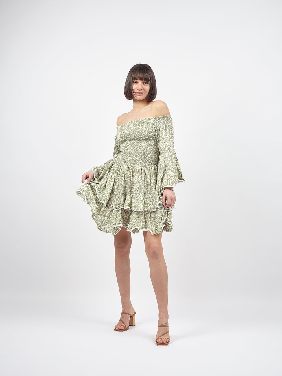 Vestito rayon corto con balze Monique - verde - Bijondo