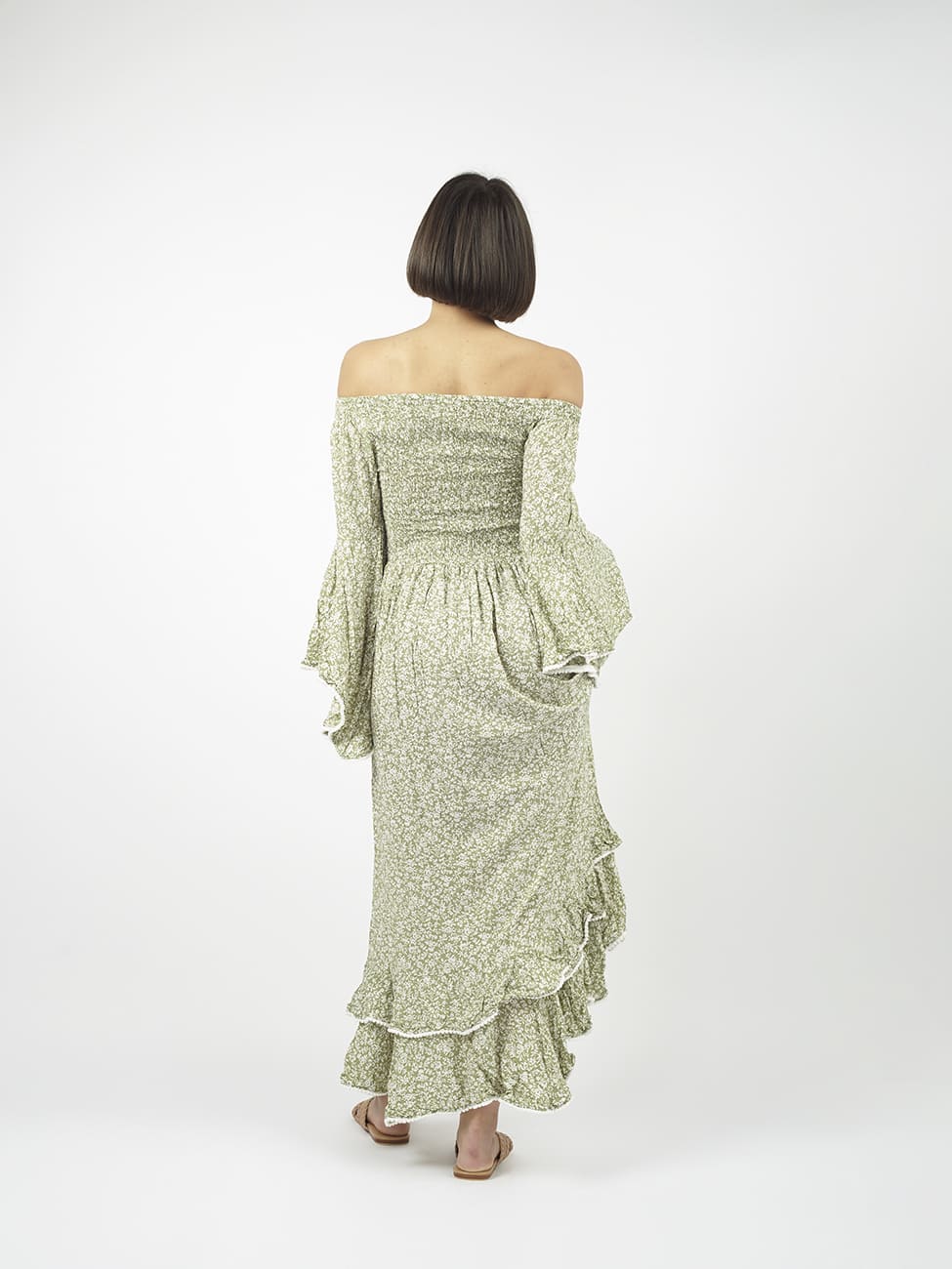 Vestito rayon lungo con balze Monique - verde - Bijondo