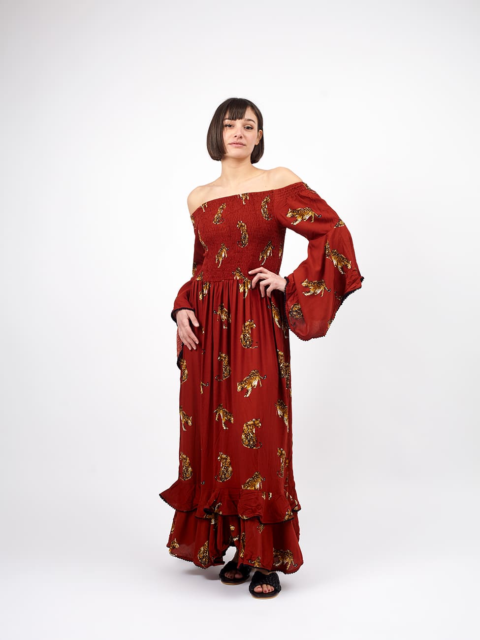 Vestito rayon lungo con balze Monique - borgogna - Bijondo