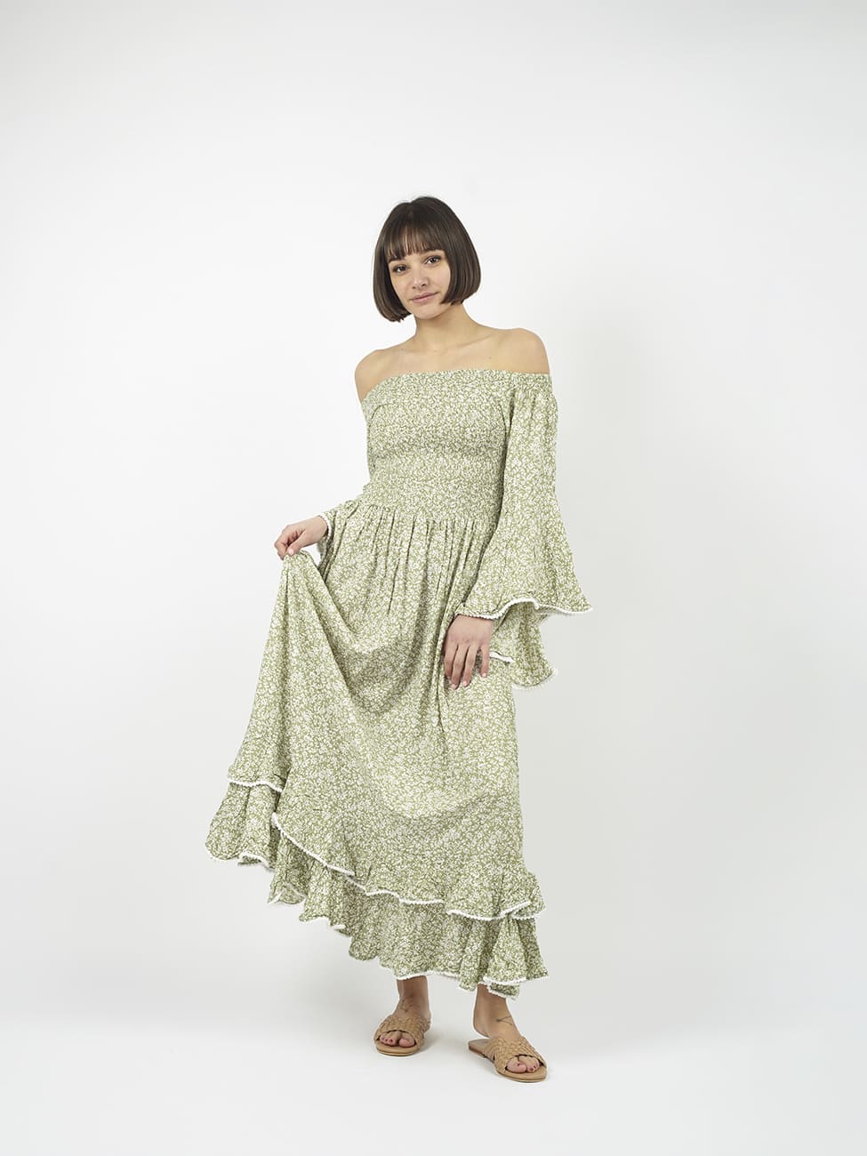 Vestito rayon lungo con balze Monique - verde - Bijondo