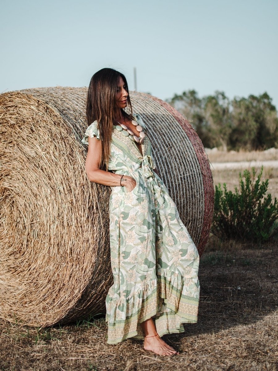 Vestito rayon lungo con nodo Jessica - verde - Bijondo