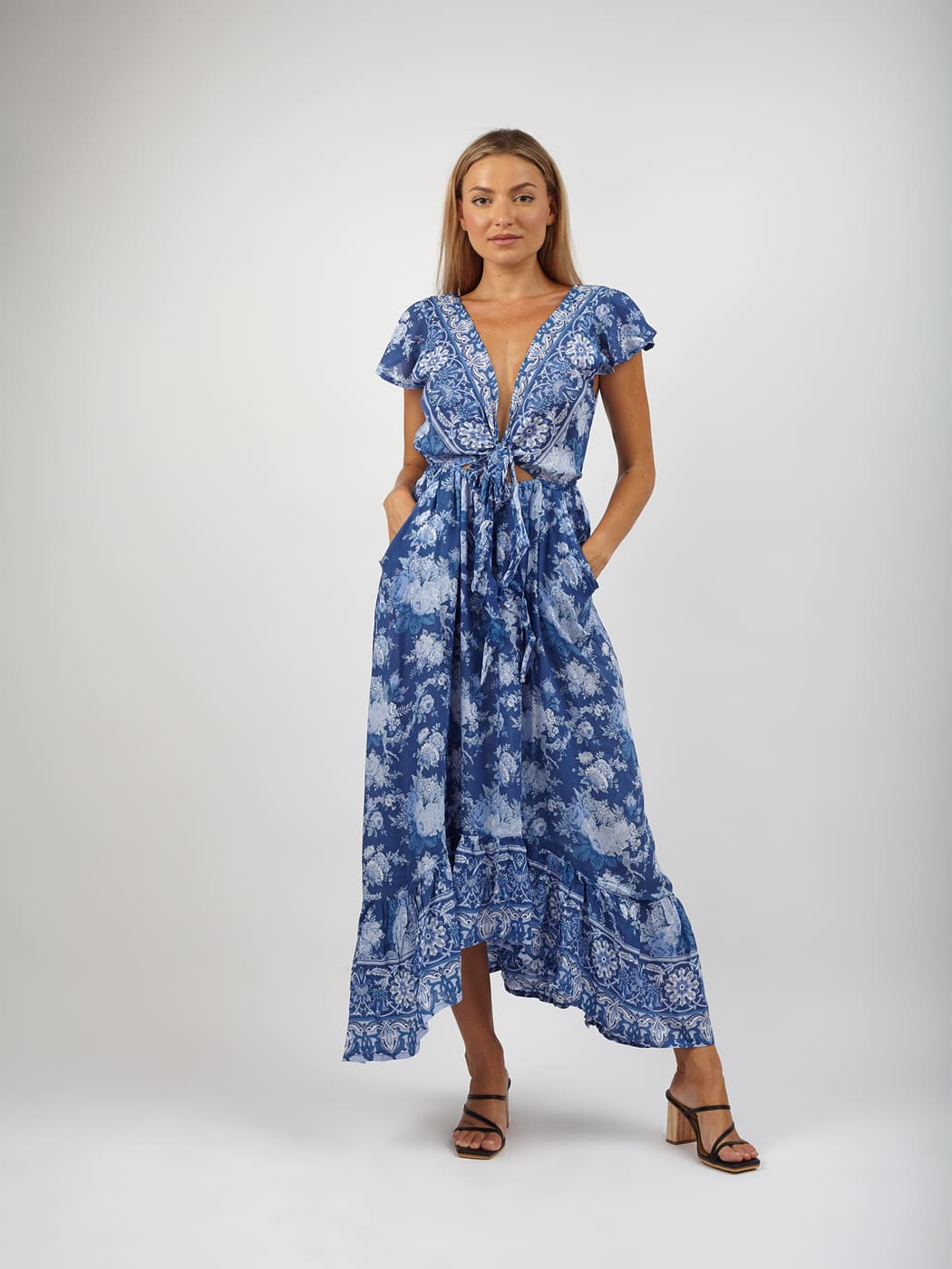 Vestito rayon lungo con nodo Jessica - blu - Bijondo