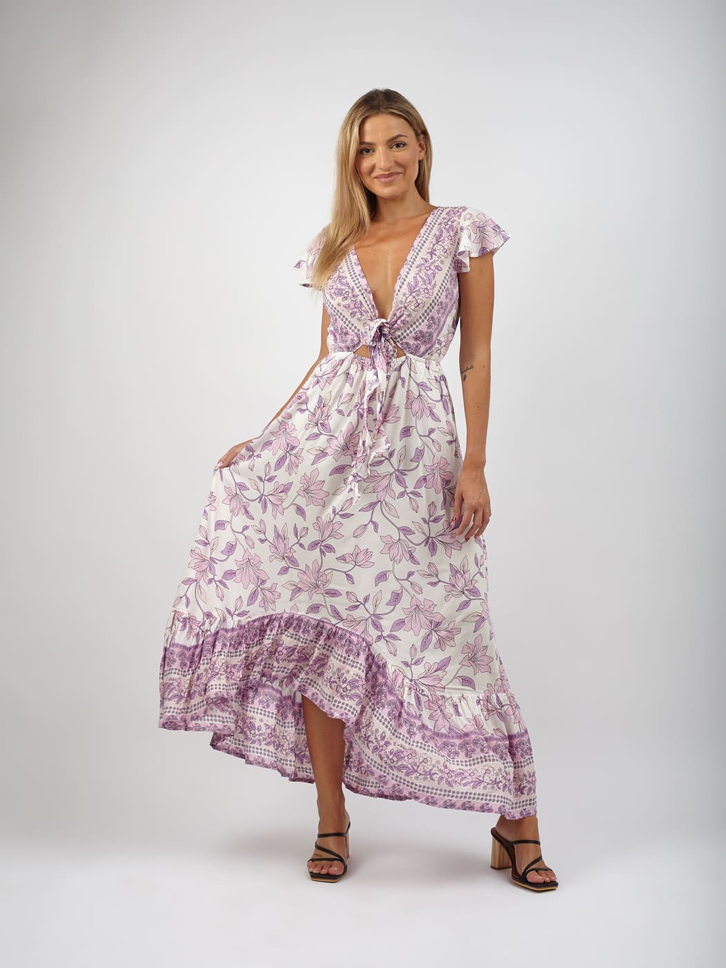 Vestito rayon lungo con nodo Jessica - lilla - Bijondo