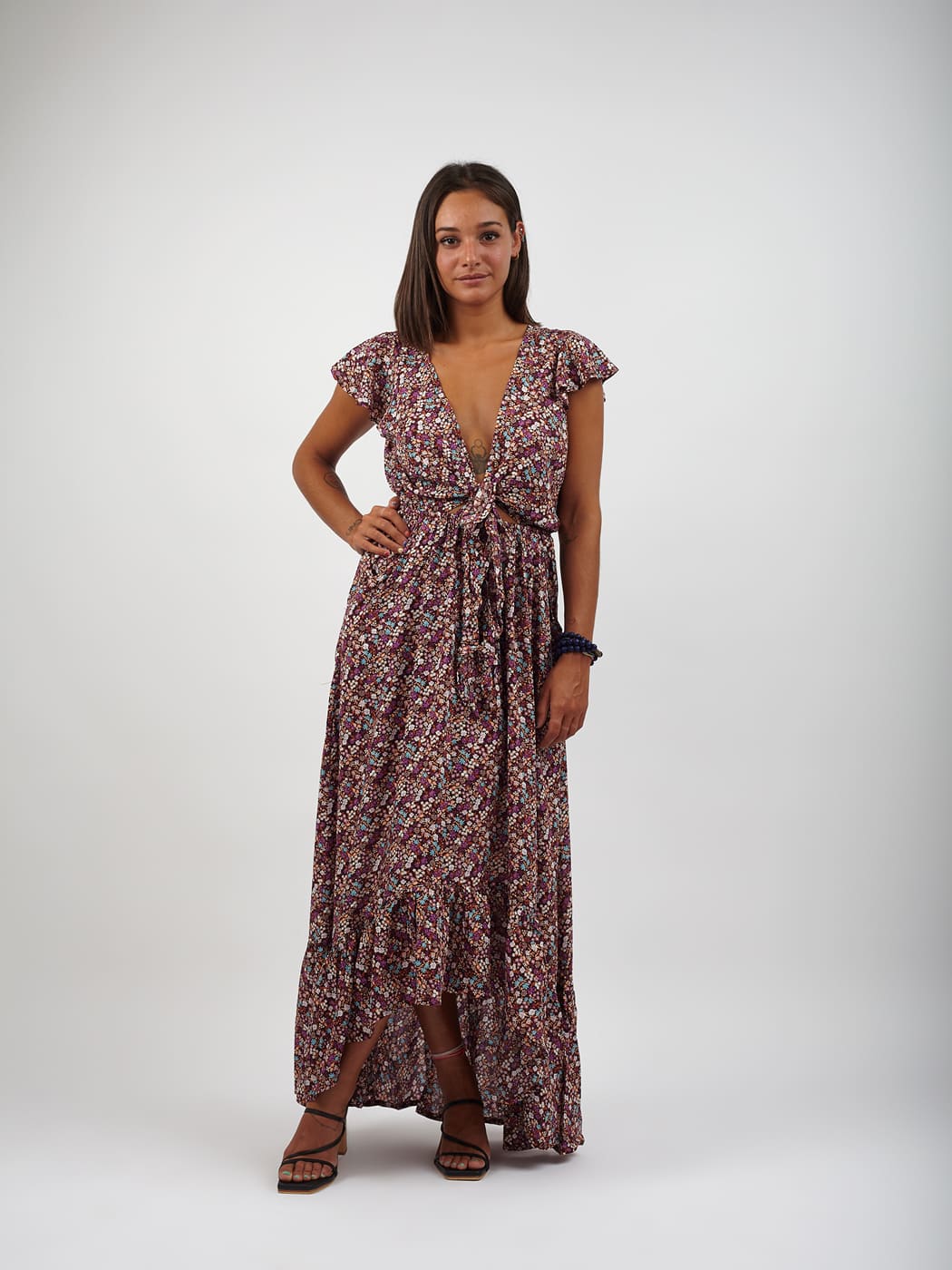 Vestito rayon lungo con nodo Jessica - viola - Bijondo