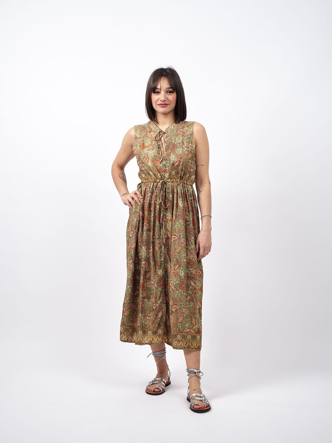 Vestito scamiciato midi stile impero Lily-verde-Bijondo