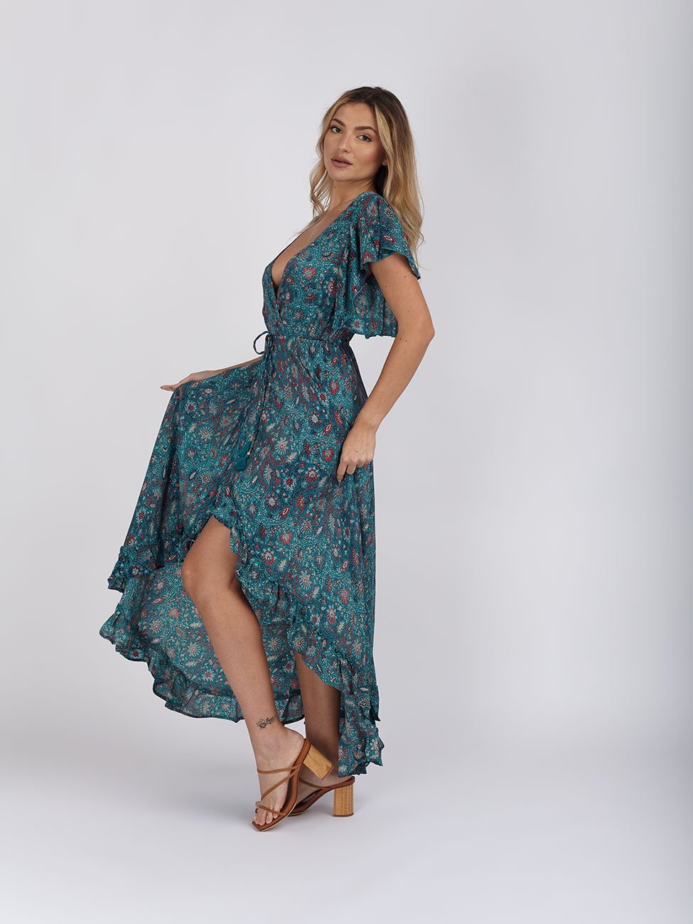 Vestito seta manica volant Midori - blu - Bijondo