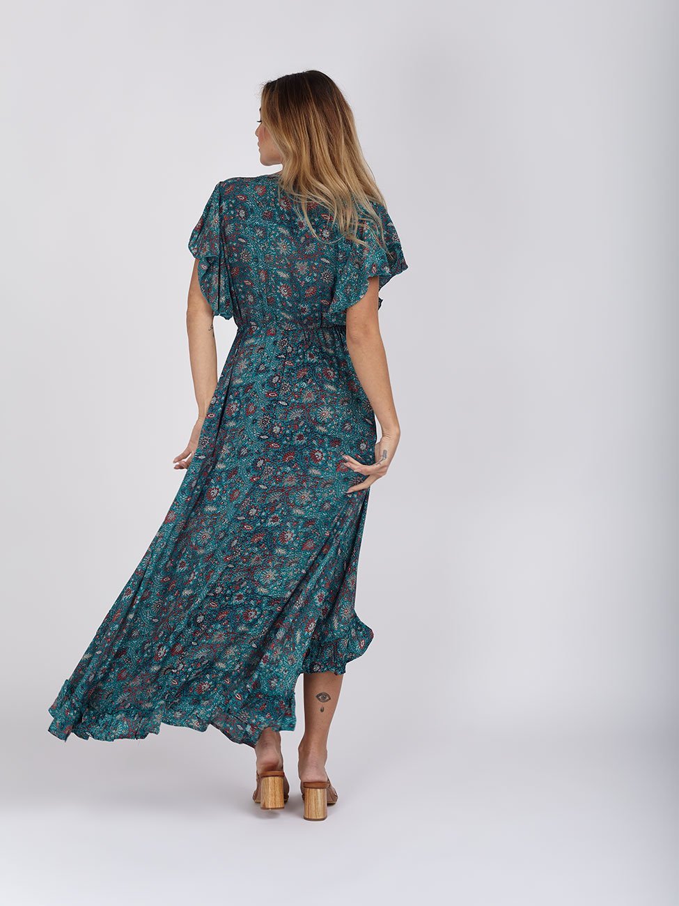 Vestito seta manica volant Midori - blu - Bijondo