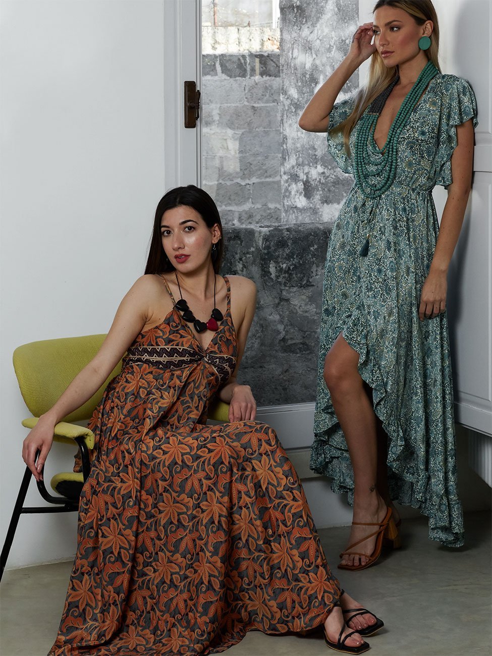 Vestito seta manica volant Midori - blu - Bijondo