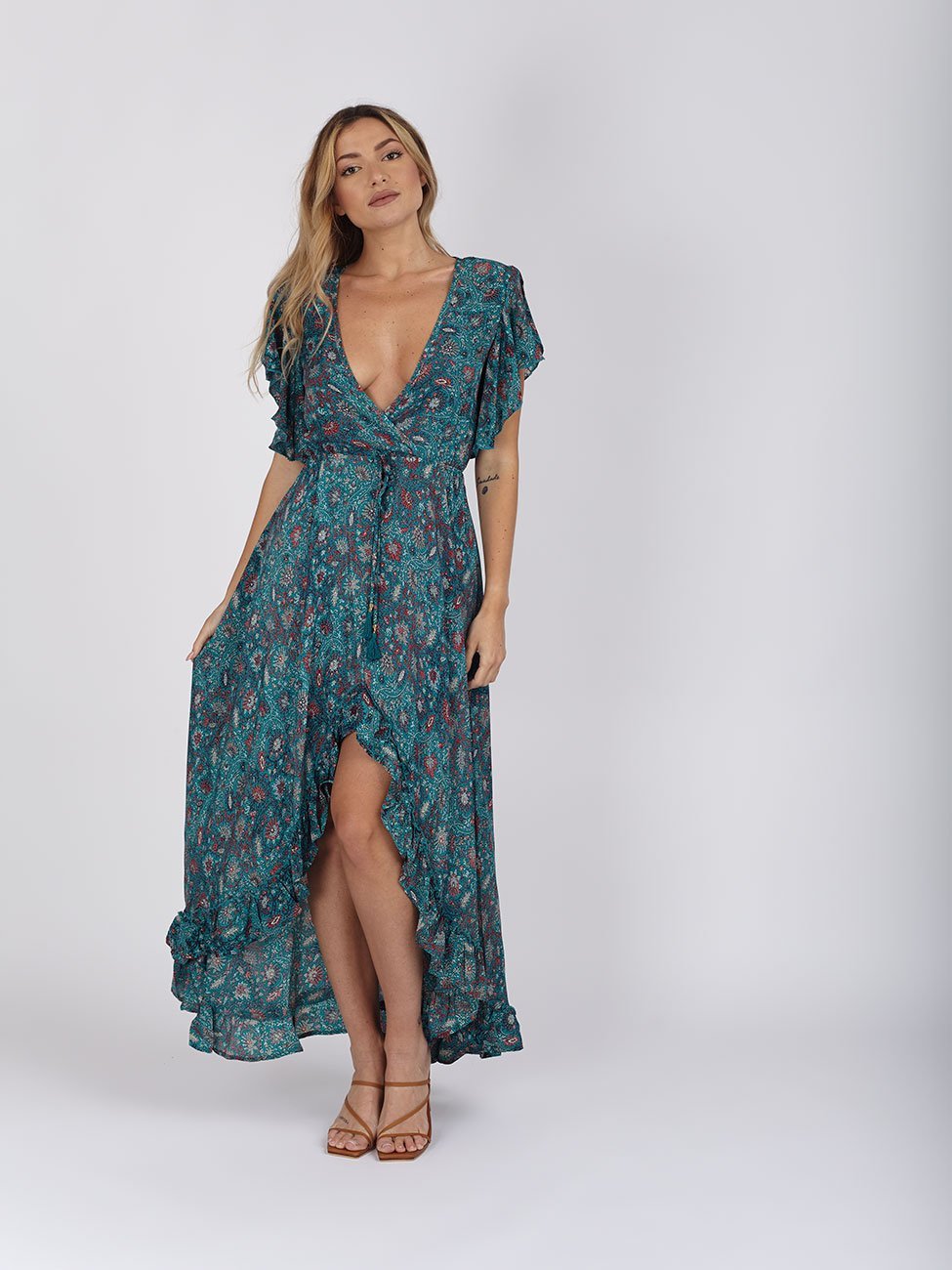 Vestito seta manica volant Midori - blu - Bijondo