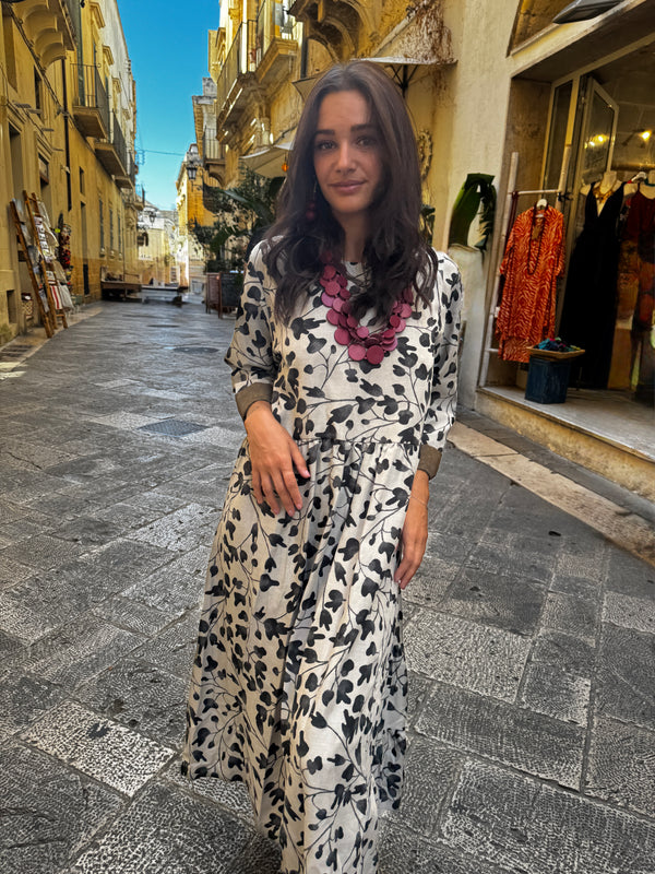 Vestito stampa floreale con pieghe in vita Laoise-vestito-Bijondo-Grigio-Bijondo